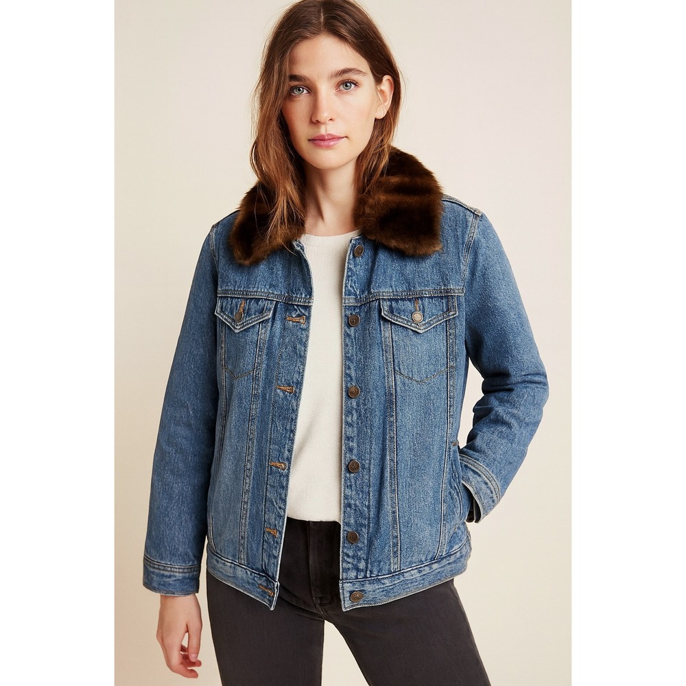 VTG 90s‎ Chadwick's Women's Denim Jean Jacket L Removable Faux Fur Collar